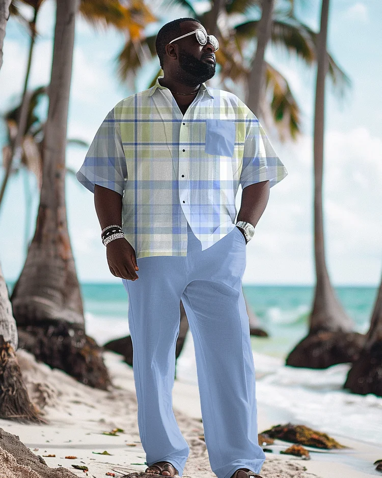Men's Plus Size Classic Plaid Print Short Sleeve Shirt Trousers Suit