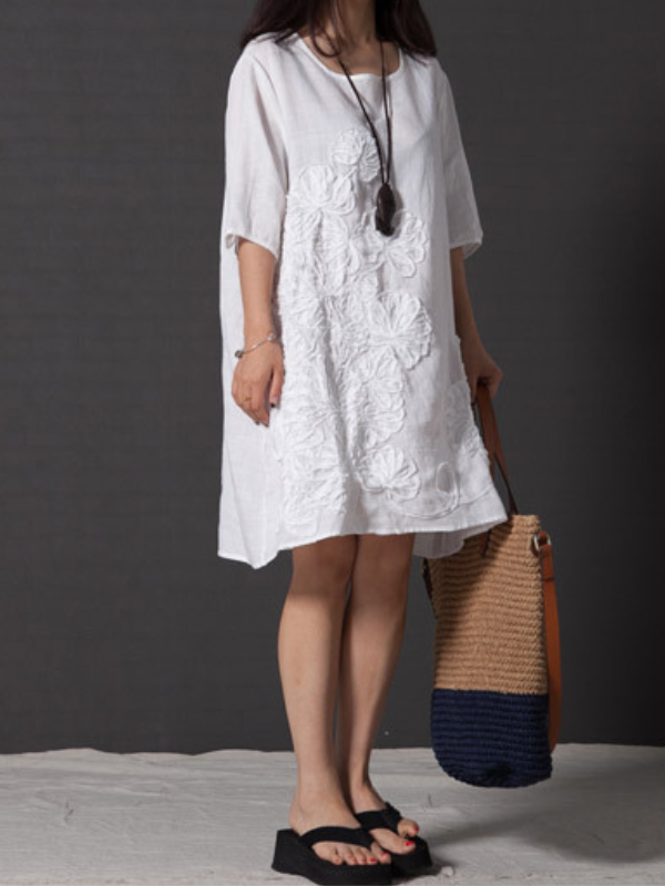 Women's Cotton Linen Dress Ethnic Floral A Line Crew Neck Long Sleeve Dresses
