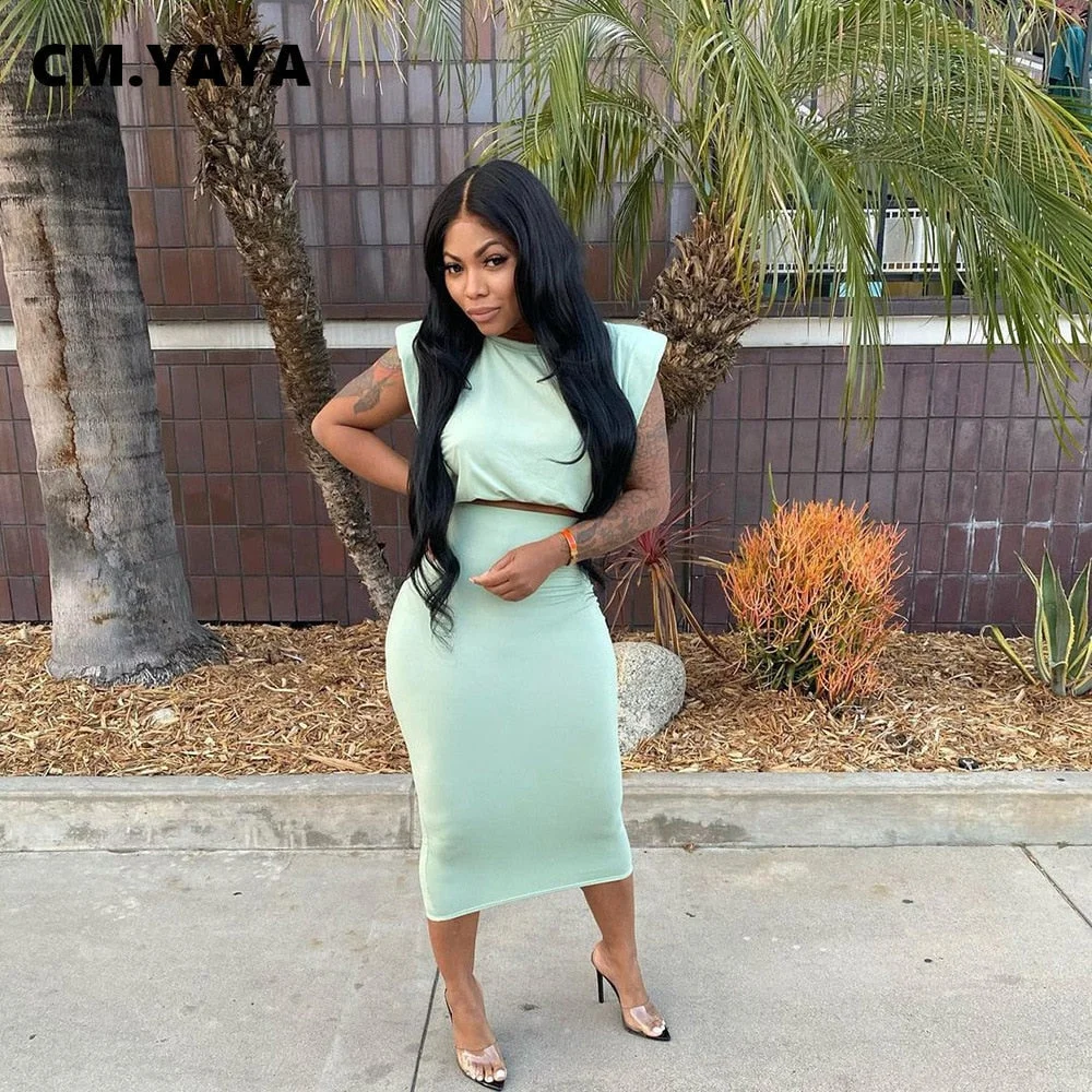 CM.YAYA Women Skirts Two 2 Piece Set Fashion Streetwear Crop Tops and Midi Skirt Matching Set Classic Outfits