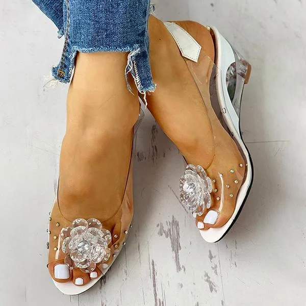 Studded Flower Design Transparent Wedge Sandals