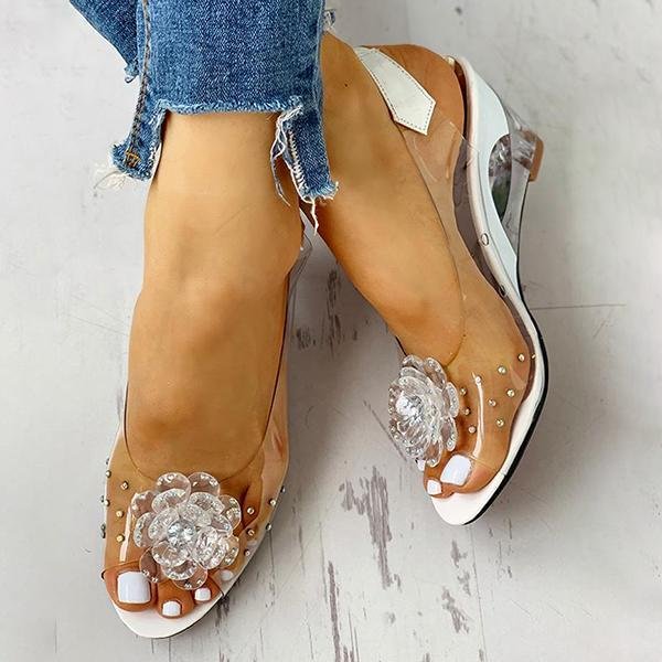 Fyshare Studded Flower Design Clear Wedge Sandals Slip On Heels