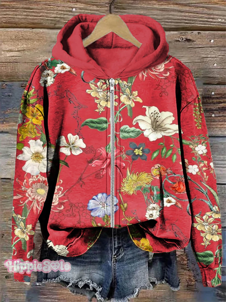 Retro Floral Print Casual Zip Hoodie Sweatshirt Multicolor / S