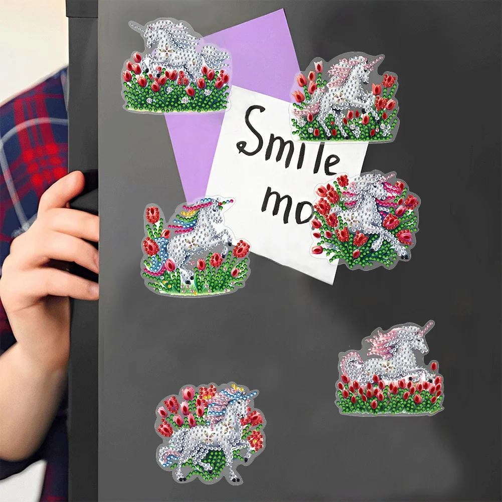  6 Pcs Tulip Horse Diamond Painting Cartoon Fridge Magnetic Stickers