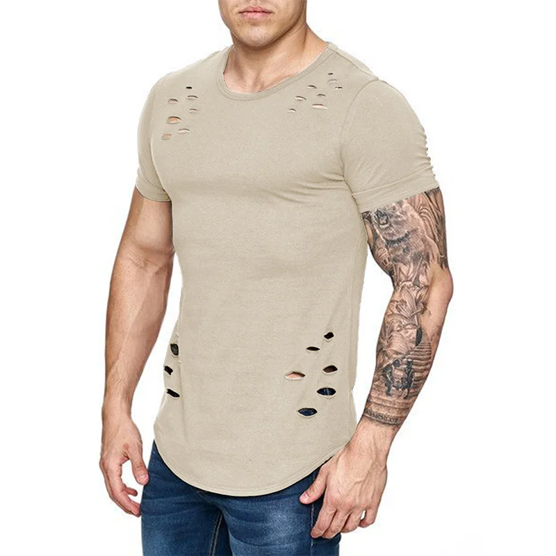 Men's Ripped Short Sleeves Slim Solid Solor Round Neck T-shirt Tough Men Wear With Vintage Colors