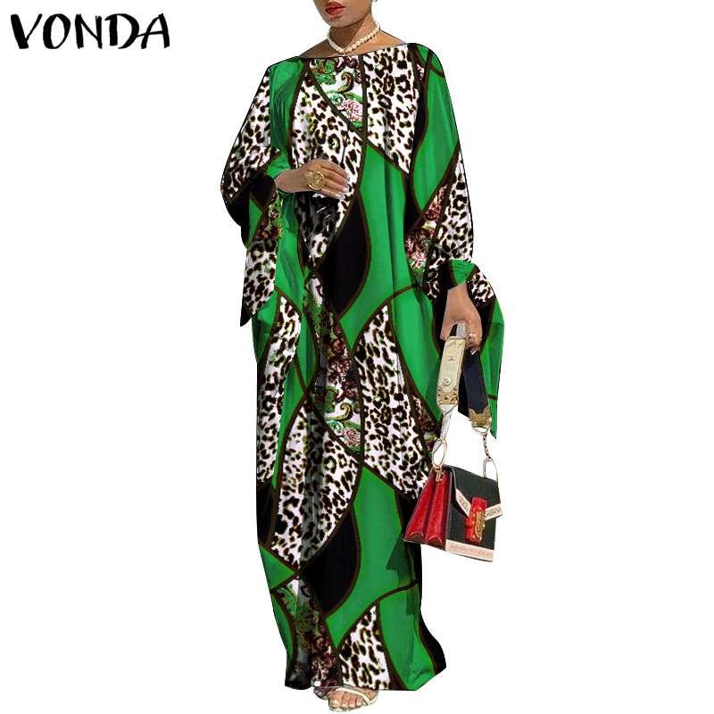 Leopard Printed Kaftan Dress 2022 VONDA Women Sundress Vintage Party Long Maxi Dress Beach Holiday Casual Vestidos Robe Femme