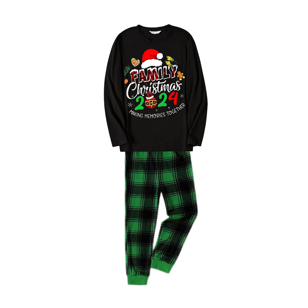 "Making Memories Together Christmas 2024" Print Black and Green Plaid Pants Family Matching Pajamas