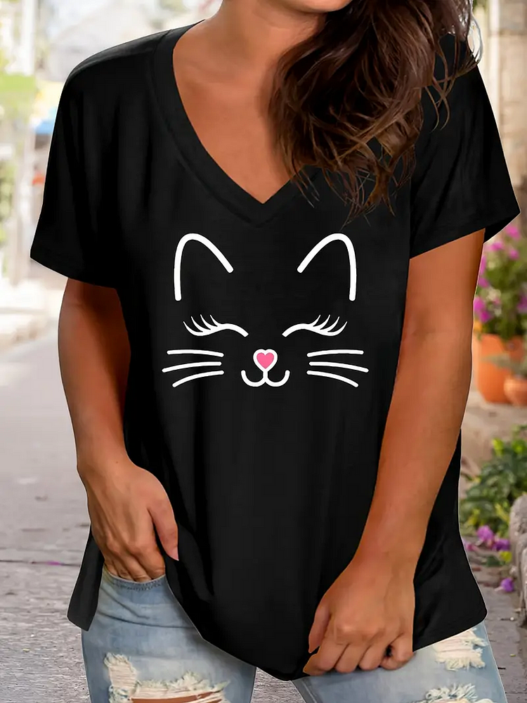 AL™ Cute Cat Face Print T-Shirt,Gifts For Nature Lover V Neck Short Sleeve Tee T-shirt-Annaletters