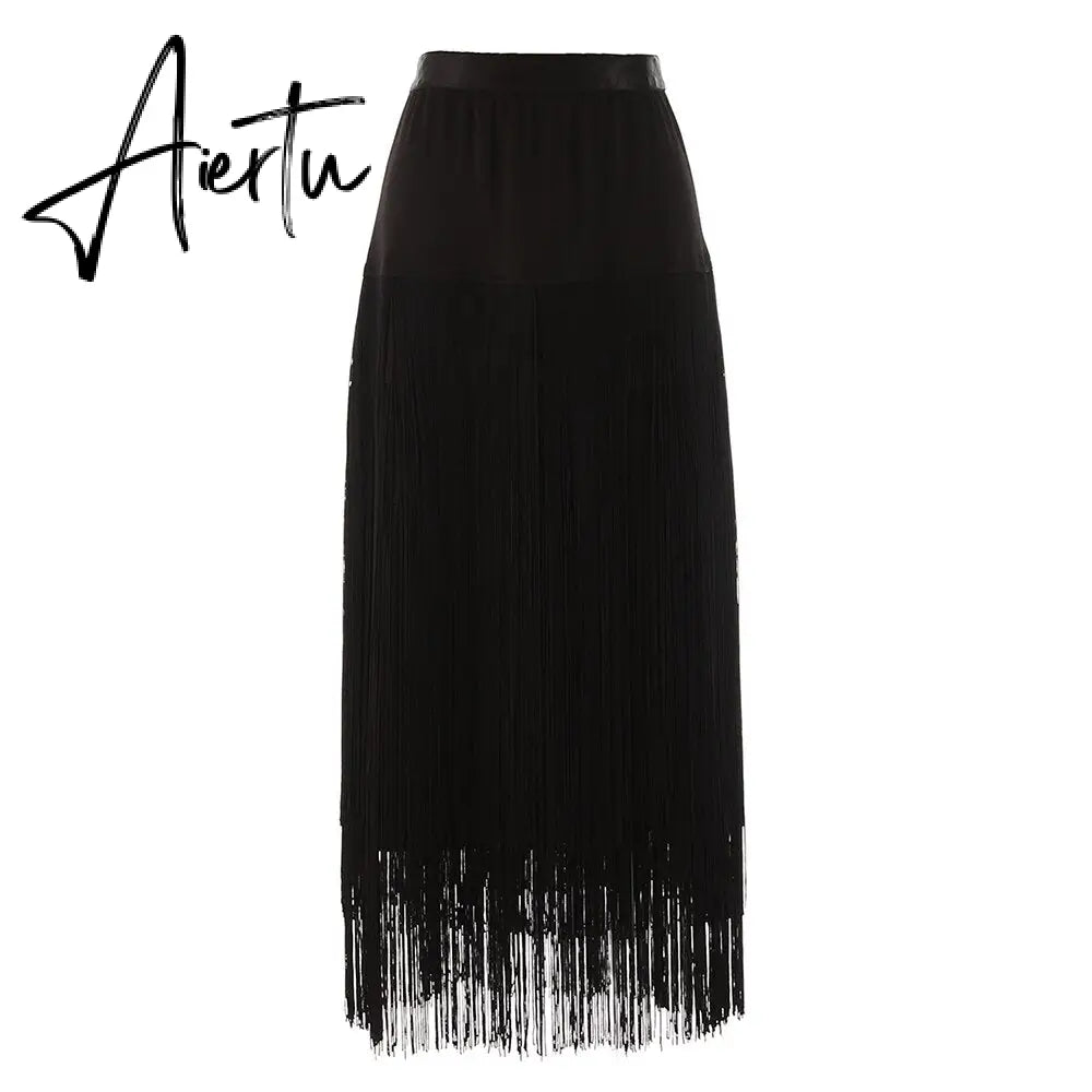 Summer Solid Bodycon Skirt Female High Waist Spliced Tassel Slim Casual Skirt Women Style Fashion Clotthing Aiertu