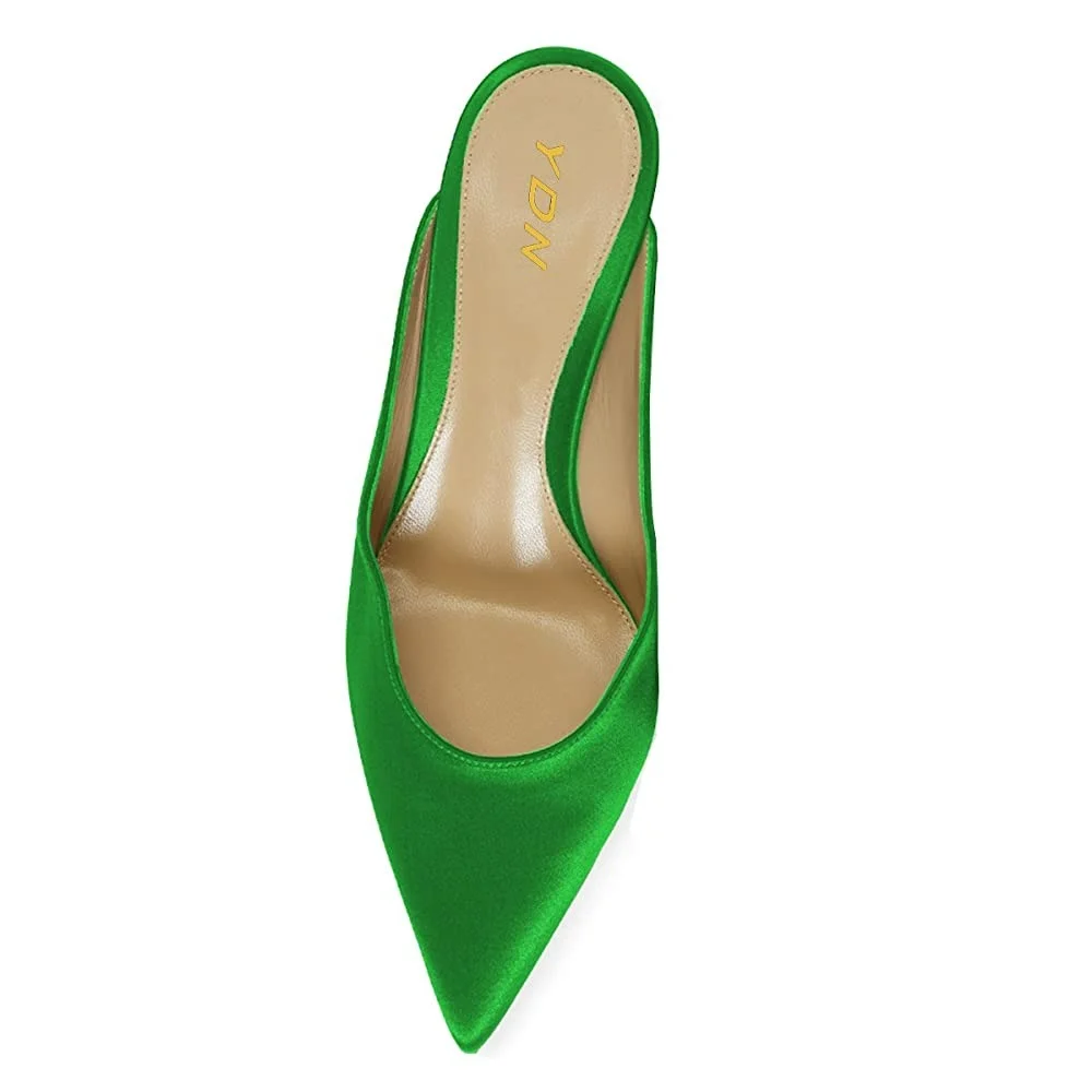 Green Satin Pointed Toe Women's Mules Shoes with Kitten Heels