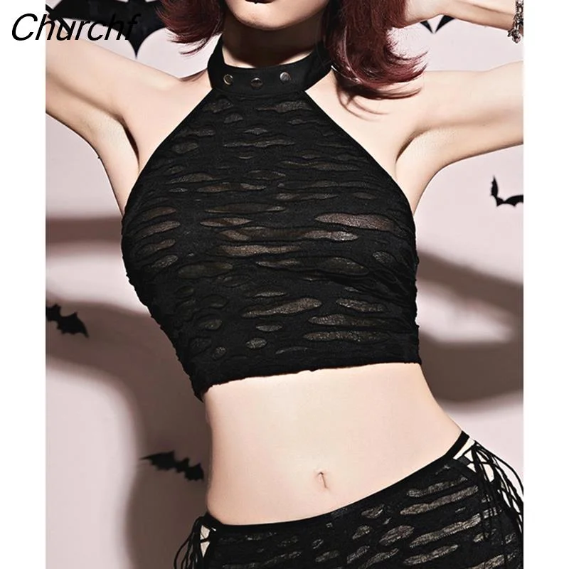 Churchf Y2K Fairy Grunge Woman Crop Top Gothic Coquette Sexy Hollow Out Halter Camisole Summer Club Harajuku Emo Black Cute Tank