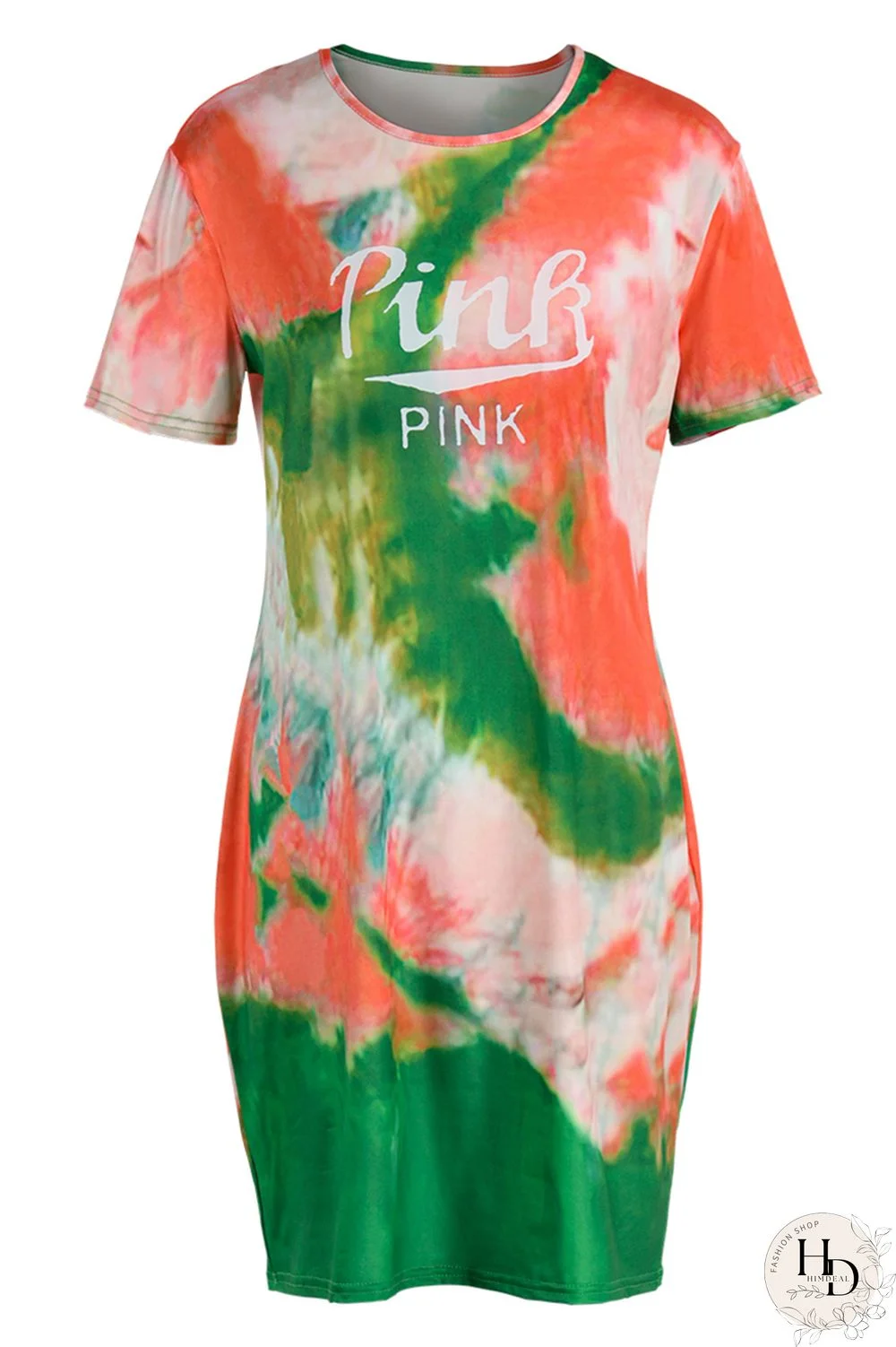 Orange Green Fashion Casual Letter Print Tie-dye O Neck Short Sleeve Dress Dresses