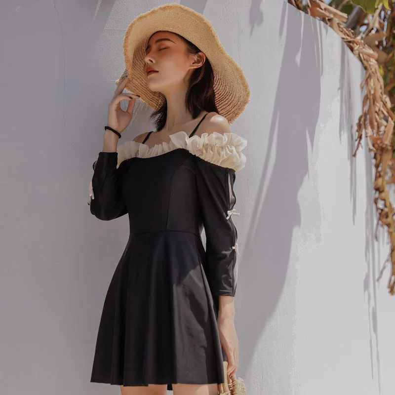 Kawaii Long-Sleeve Cold Shoulder Frill Trim Swimdress YP984