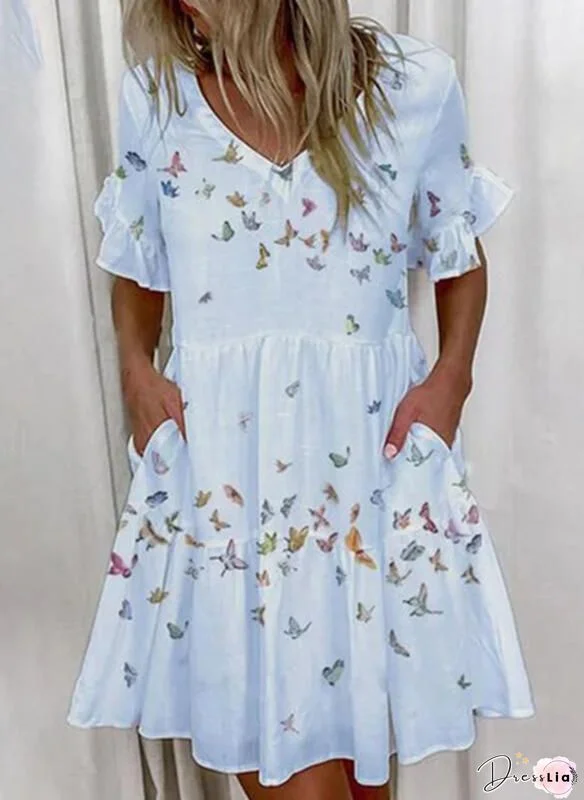 Casual Print Floral Split Joint Flounce V Neck A Line Dresses(3 colors)
