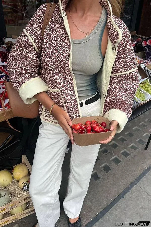 Floral Print Pocket Contrast Concealed Button Cotton Coat