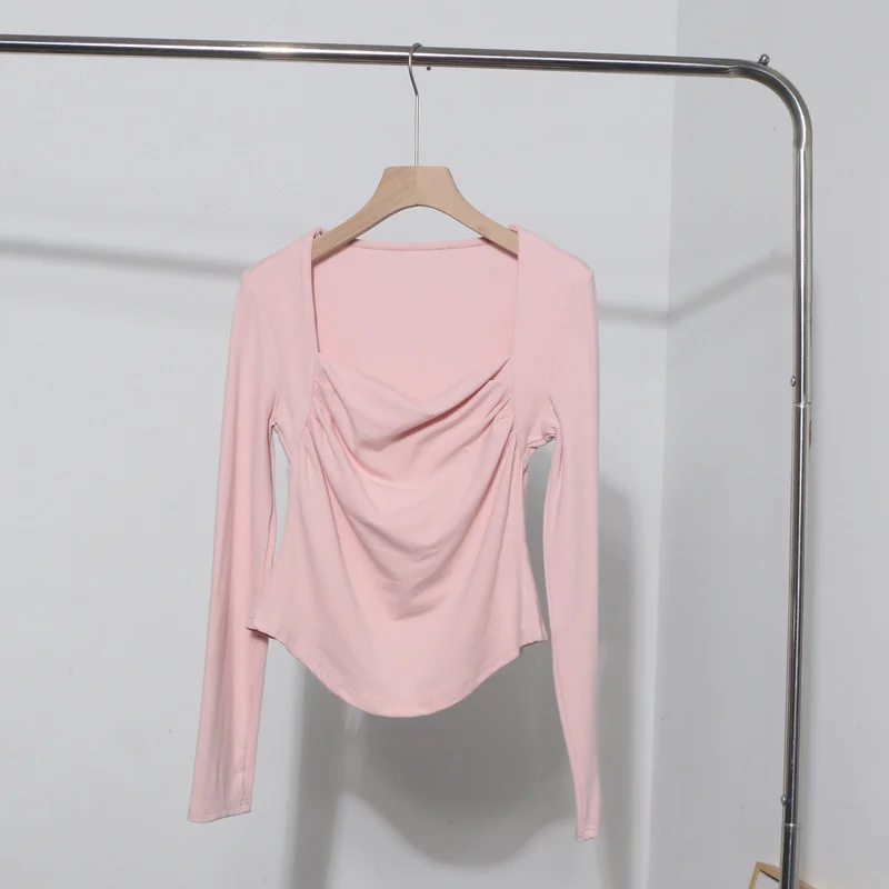 Brownm French Style Long-Sleeved T-Shirt Girl Autumn And Winter Collar Folded Folded Body Inside The Bottom Shirt Top 1665