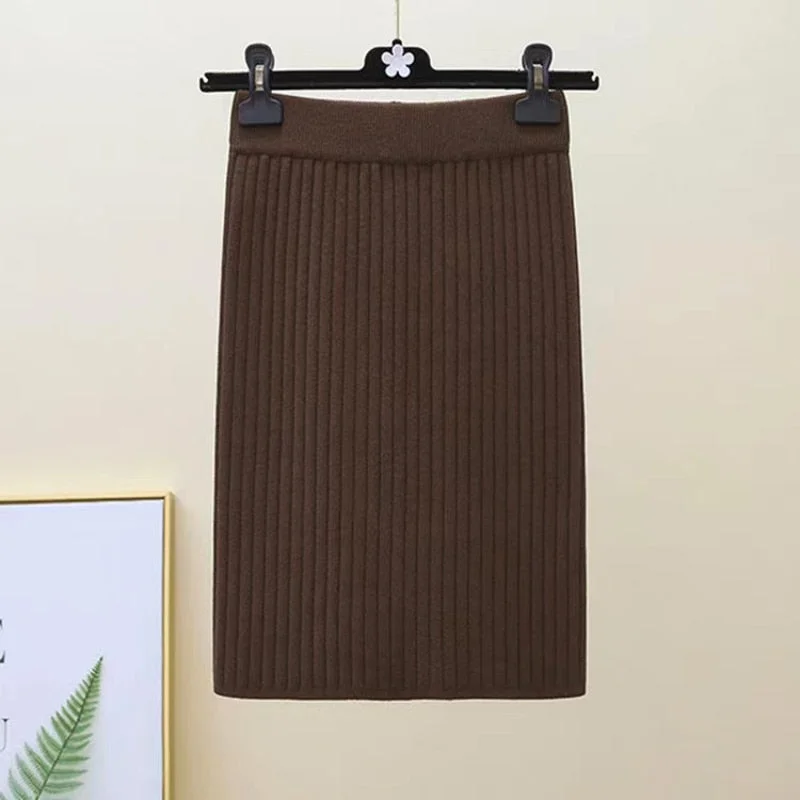 Zoki Winter Women Sweater Skirt New 2021 Knitted Midi Skirts Korean Elastic High Waist Elegant Autumn Split Fork Black Faldas