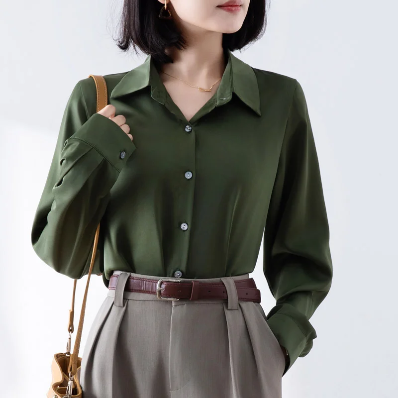Athvotar Athvotar Shirt Woman Spring New Career OL Hanging Commuting Olive Green Shirt Workplace Interview Long-Sleeved Top