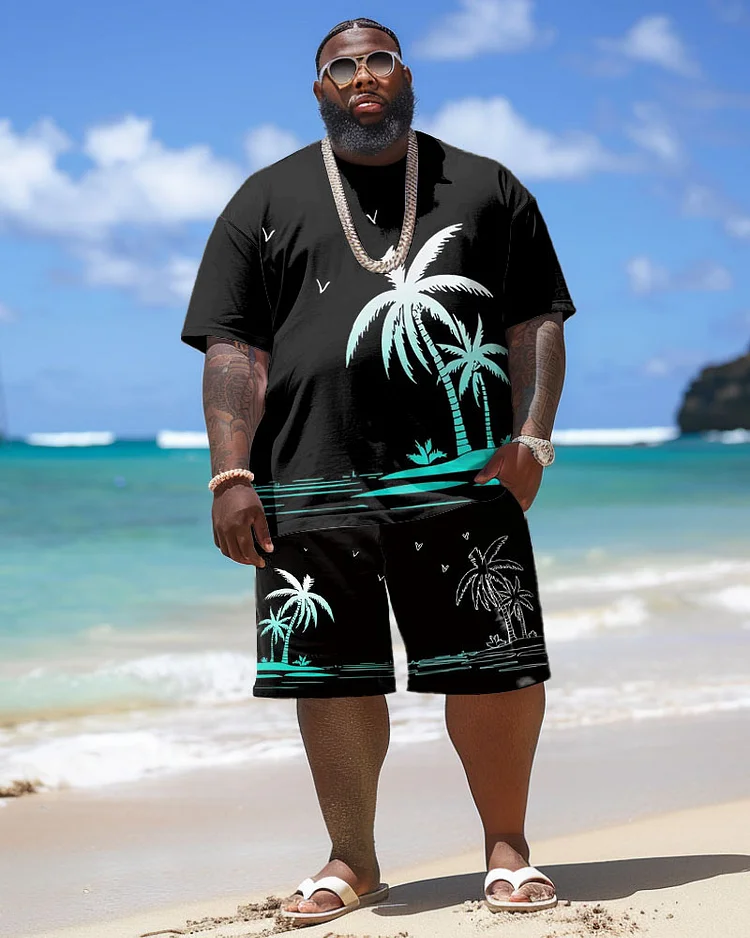 Men's Plus Size Hawaiian Gradient Coconut Tree Print T-Shirt Shorts Suit