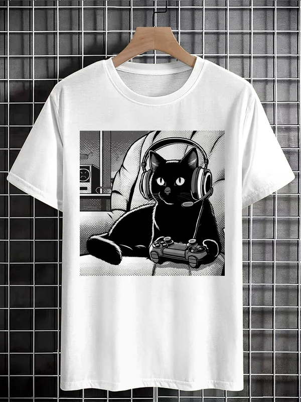 100% Cotton Men's Gamer Black Cat Art Print Cotton Casual T-Shirt
