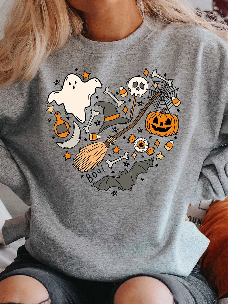 Halloween Ghost Pumpkin Bat Scary Element Heart Print Sweatshirt
