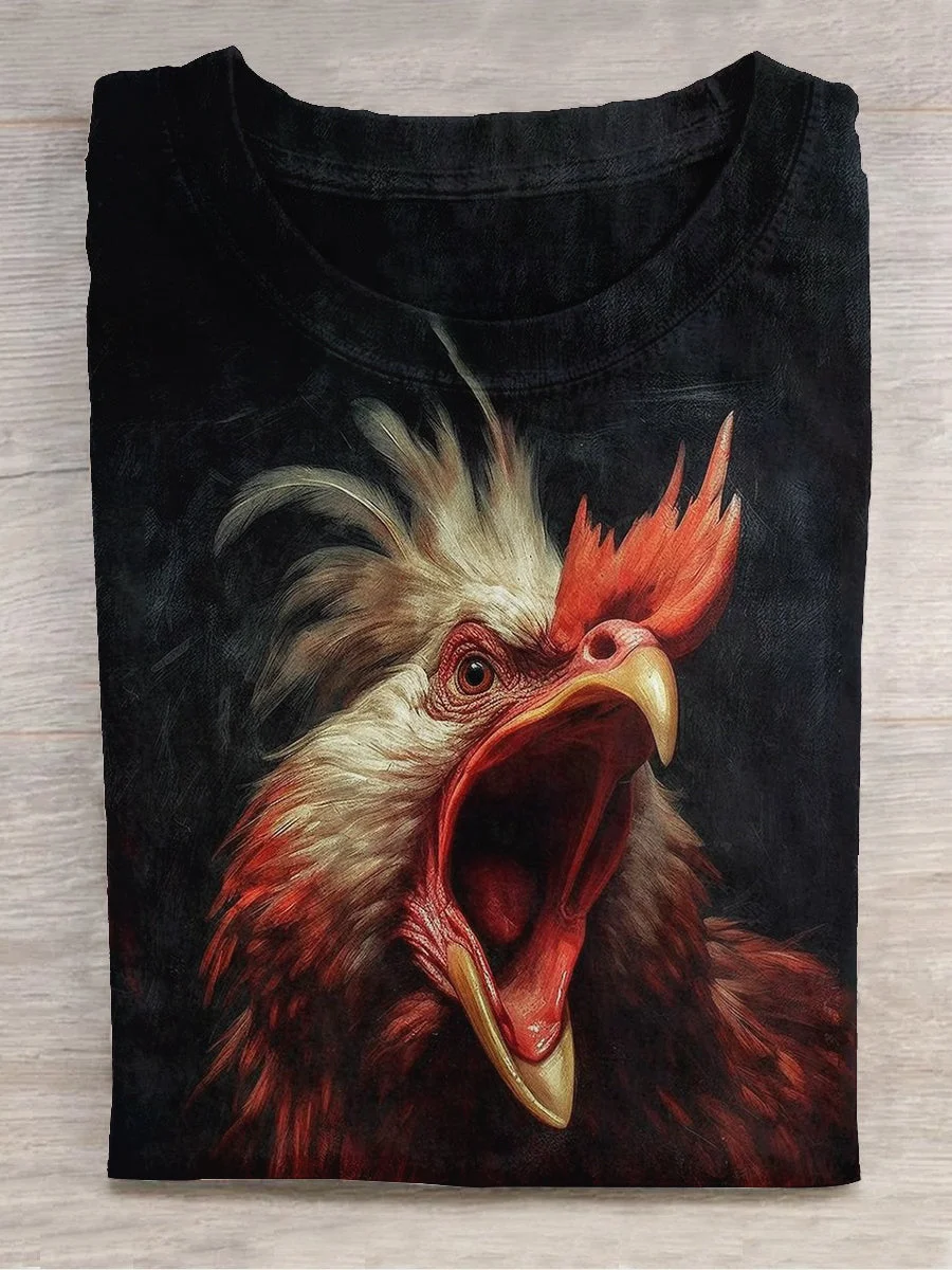 Unisex Rooster Crow Art Print Round Neck Short Sleeve T-Shirt Eagerlys