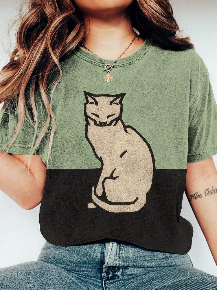 Women's Cat Art Print Colorblock Casual T-Shirt