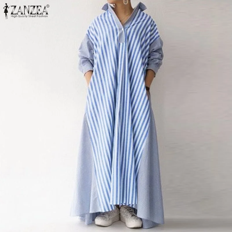 Fashion Maxi Dress ZANZEA Women Striped Patchwork Sundress Casual Autumn Long Sleeve Lapel Neck Long Shirt Vestidos Kaftan Robe