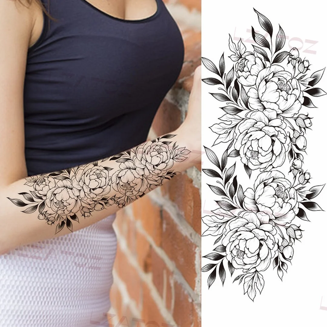Sdrawing Big Letters Temporary Tattoos For Men Women Moon Pendant Peony Fake Tattoo Sticker Custom Armband Fashion Disposable Tatoo