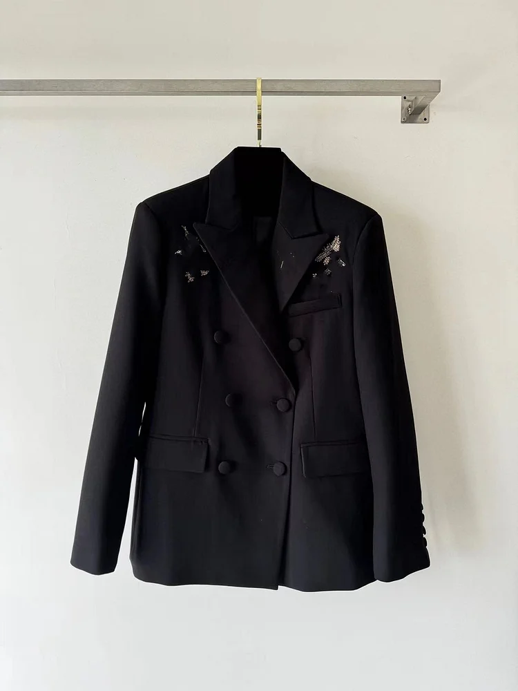 Tailored Coat Women Autumn Winter Black Velvet Spliced Turn-down Collar Double Breasted Embroidery Suit Jacket Female Clothes