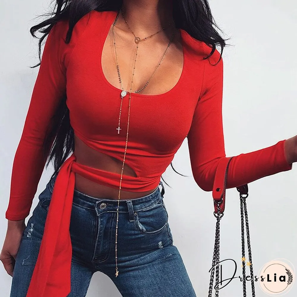 Sexy Crop Woman Tshirts Fashion Slim Long Sleeeve Lace Up Top Spring Summer Casual Korean Solid Square Collar Women Clothing