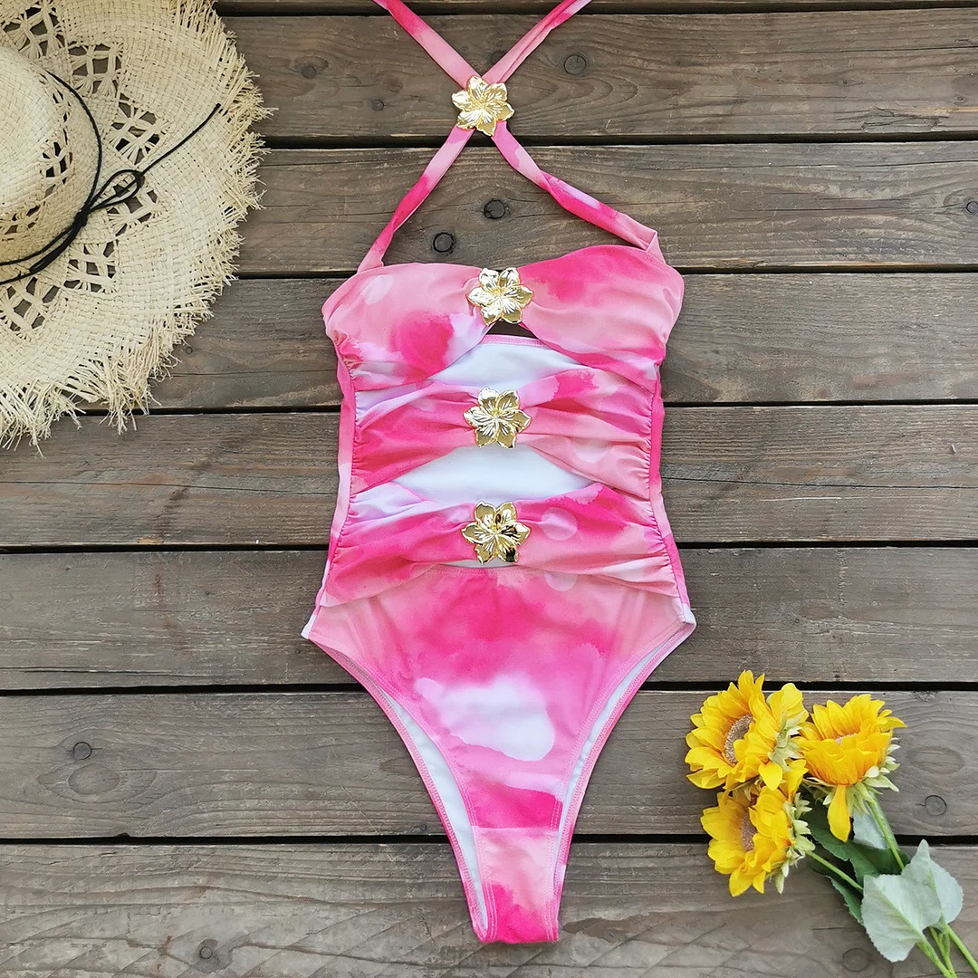 Uveng Solid-Colored Swimsuit Women's 2025 New Short Dress Two Sets Of Hollow Breast Swimsuit Swimsuit