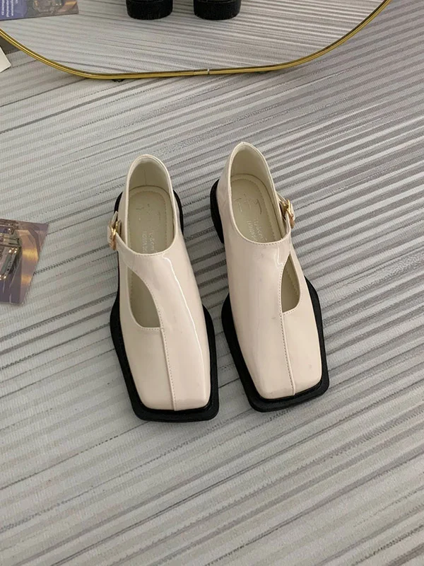 Square-Toe Split-Joint Hollow Buckle Loafers Flat Shoes