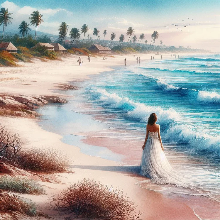 Beach Waves Girl 30*30CM (Canvas) Full Round Drill Diamond Painting gbfke