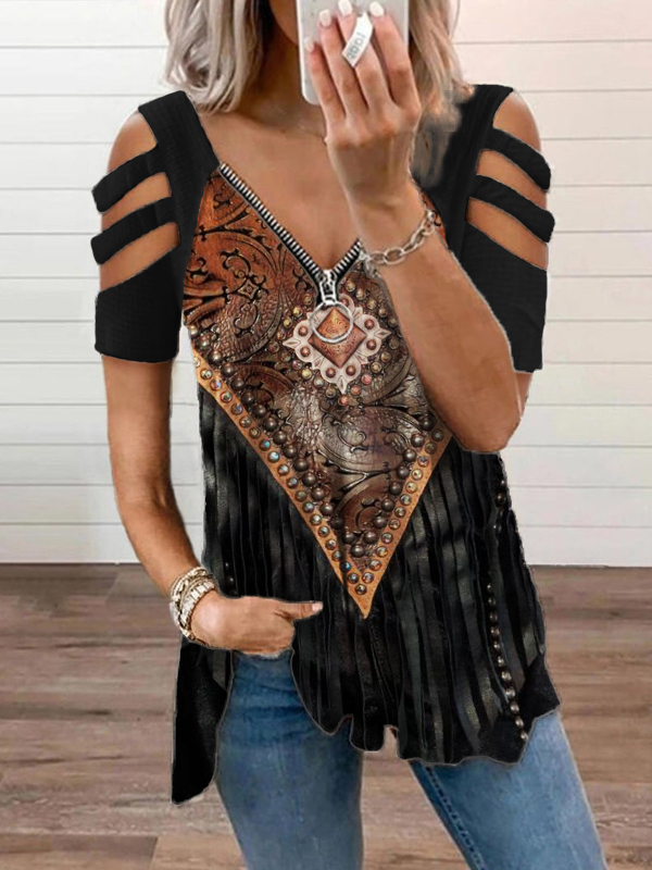 Comstylish Western Floral Embossed Tassels Hollow Shoulder T Shirt