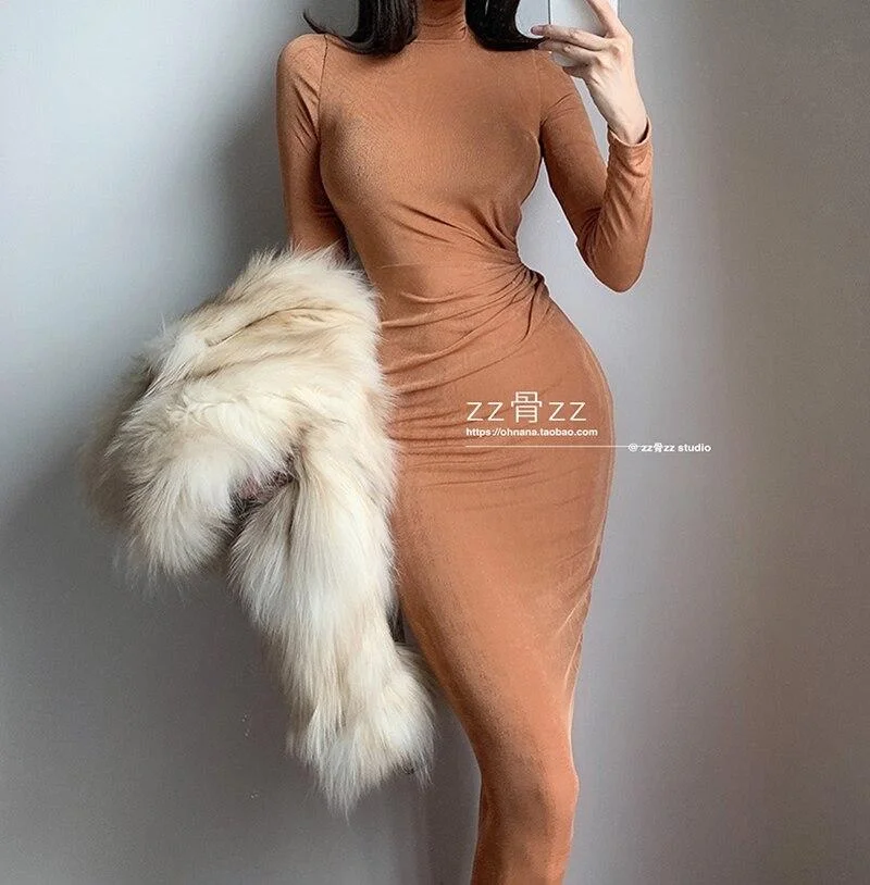 WOMENGAGA Winter Base French Turtleneck High Fold Waist Pleated Thin Temperament Solid Color Long Sleeve Dress Long Dresses XE89