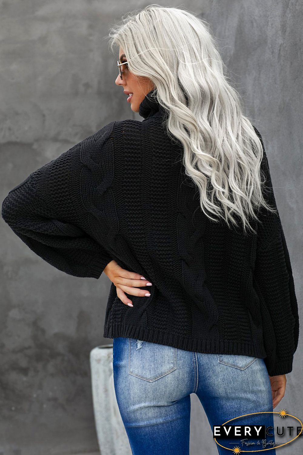 Black Oversize Turtleneck Textured Sweater