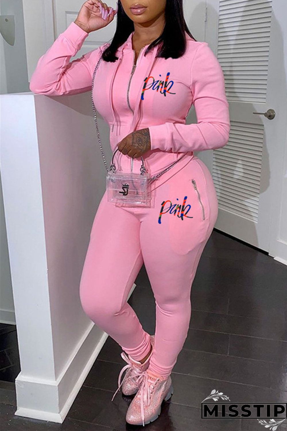 Purplish Red Fashion Casual Letter Print Patchwork Hooded Collar Long Sleeve Two Pieces