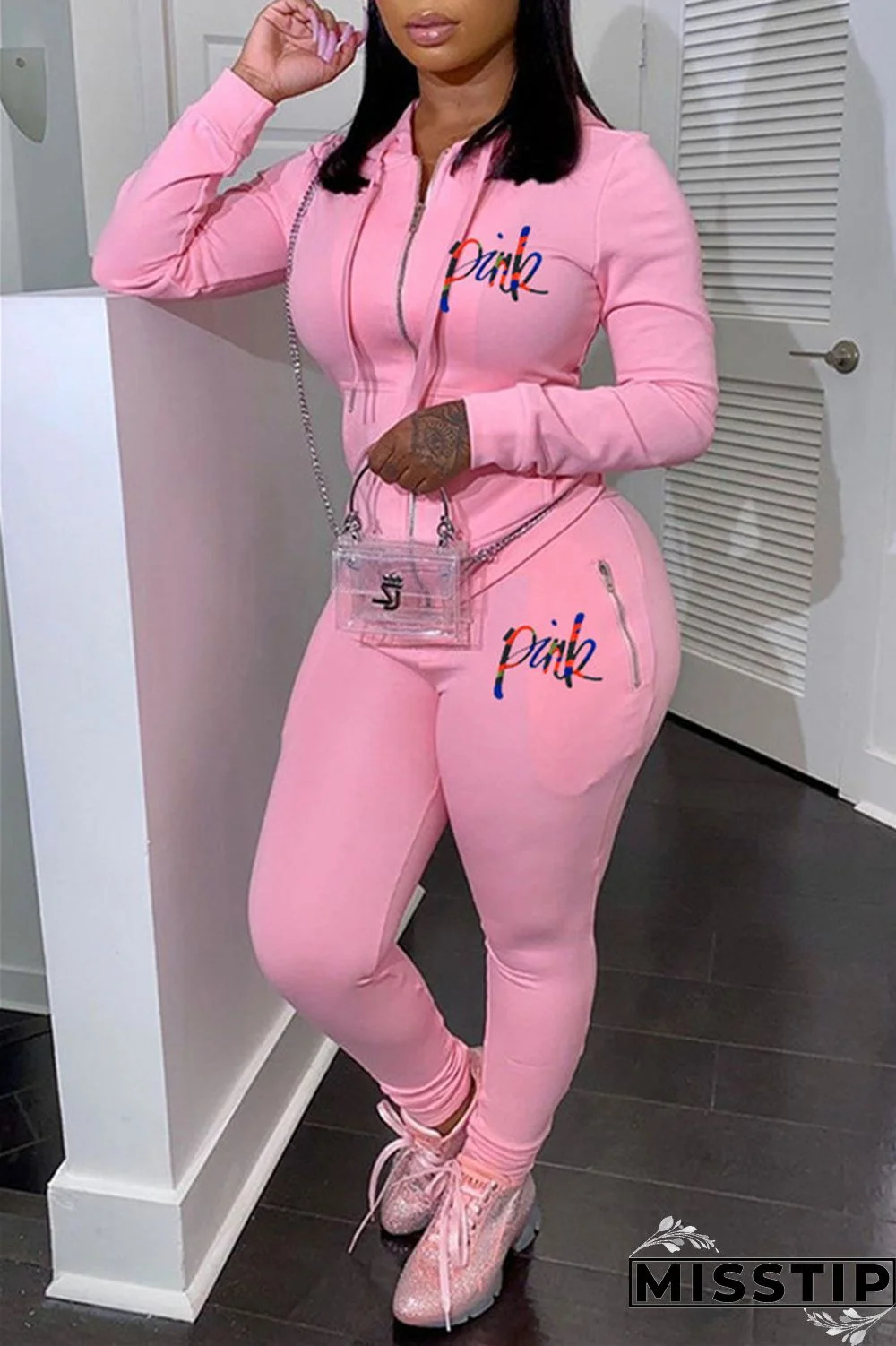 Purplish Red Fashion Casual Letter Print Patchwork Hooded Collar Long Sleeve Two Pieces