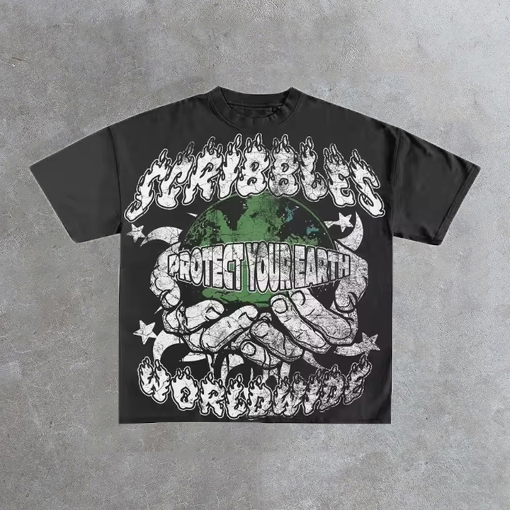 Sopula Vintage Protect Your Earth Scribbles Graphic 100% Cotton Short Sleeve T-Shirt - SOPULA