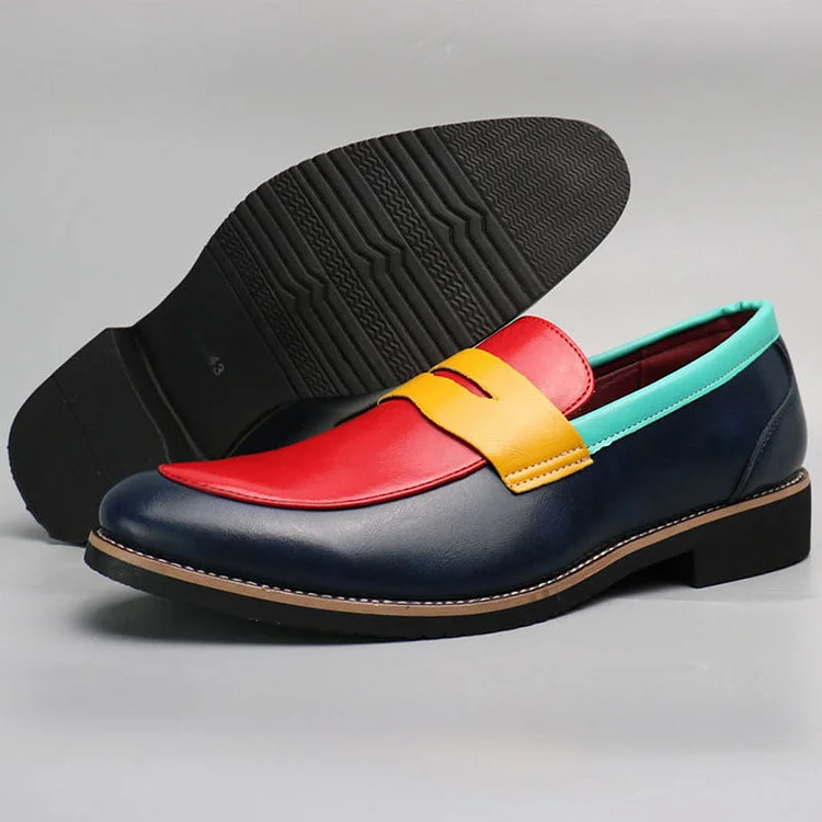 Colorblock PU Leather Slip-On Pointy Toe Flat Business Loafers Shoes