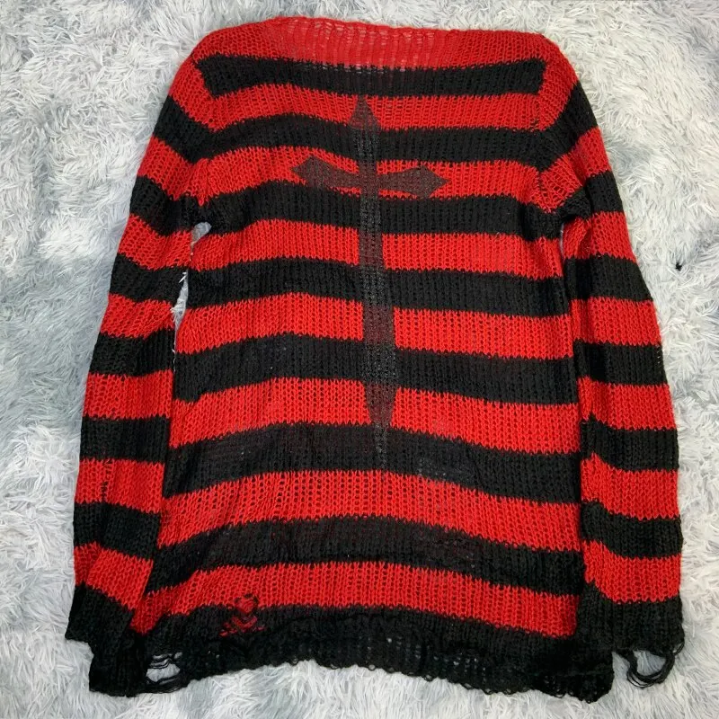 Plus Size Punk Gothic Long Unisex Sweater Dress Women Man Striped Cool Hollow Out Hole Broken Jumper Loose Rock Thin Sweter 2021
