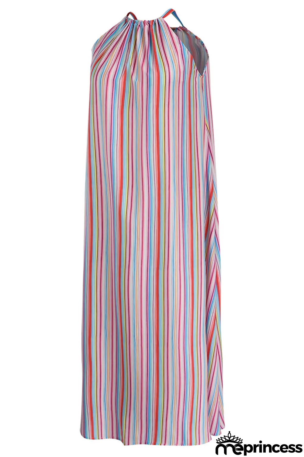 Light Blue Fashion Casual Plus Size Striped Print Backless O Neck Sleeveless Dress