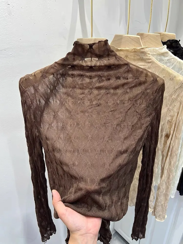 Uveng Uveng Temperament High-Neck Net Yarn Bottoming Shirt Women Autumn And Winter Wooden Ears Thin Permeable Yarn Long-Sleeved Lace Tops