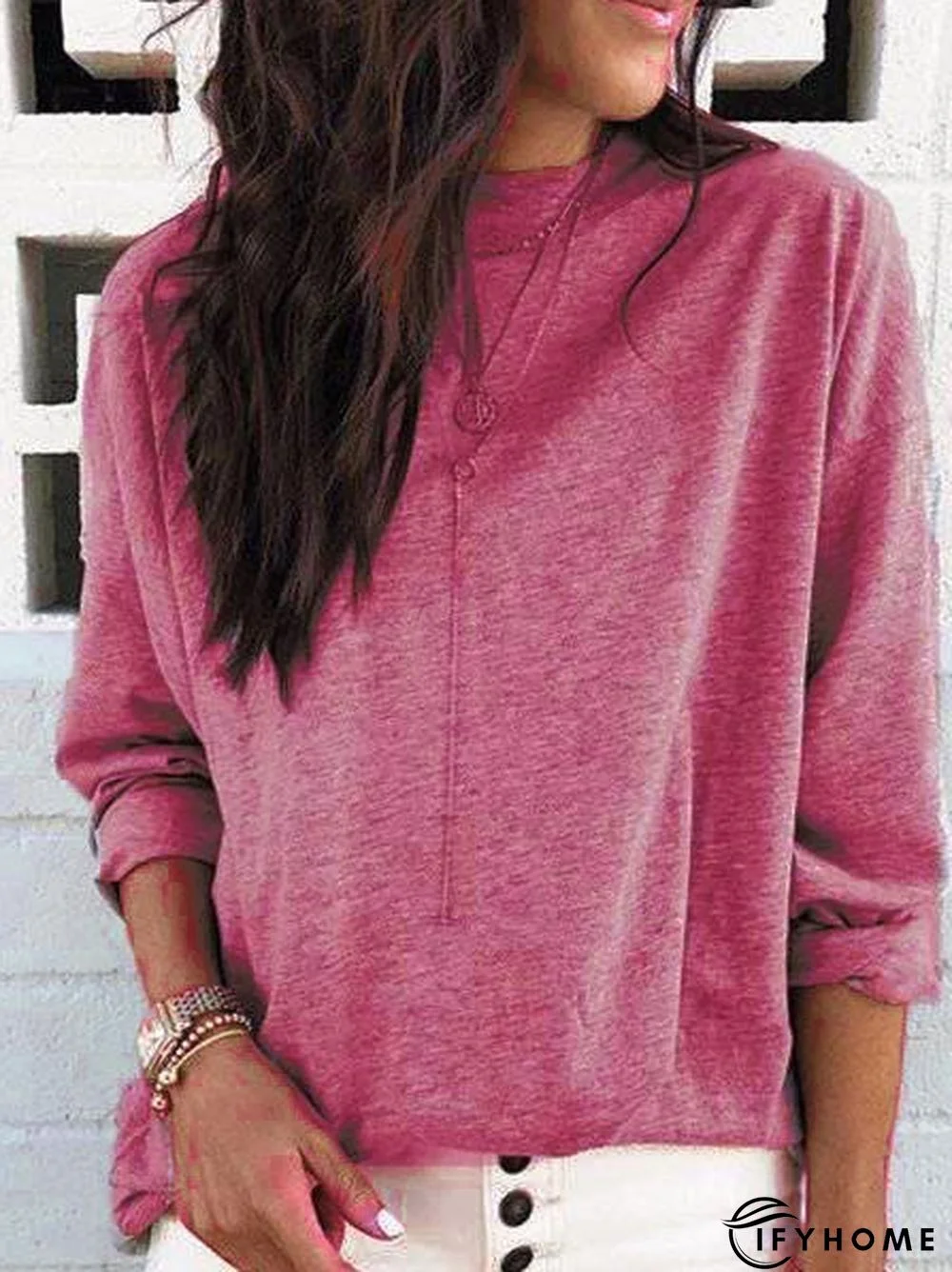 Crew Neck Long Sleeve Plain Cotton Shirts & Tops | IFYHOME