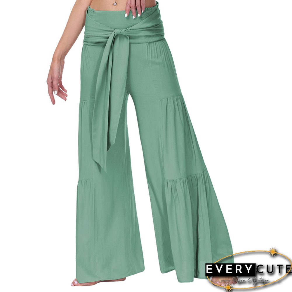 Green Smocked High Waist Palazzo Pants with Tie