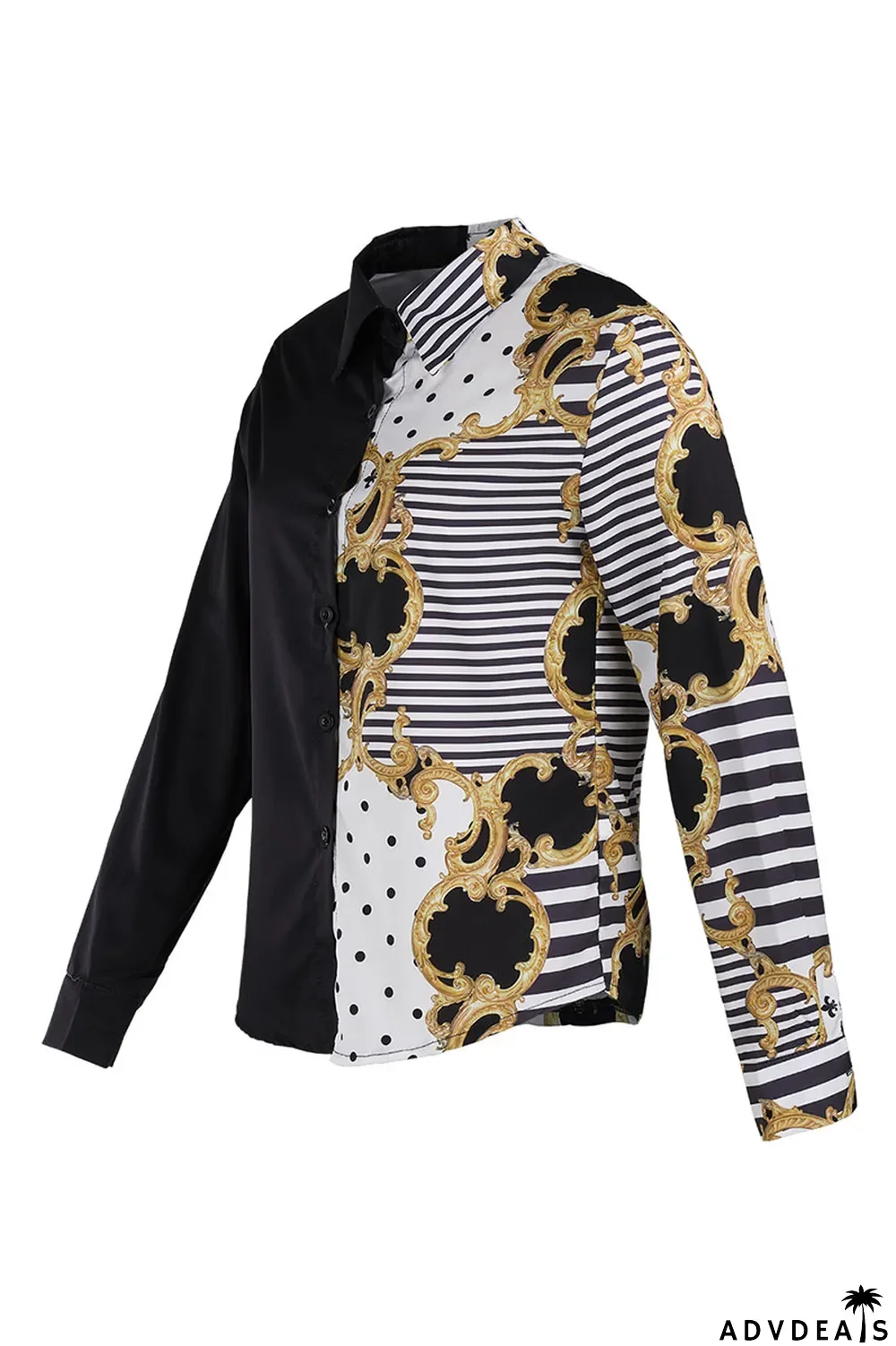 Red Black Casual Print Patchwork Buckle Turndown Collar Tops