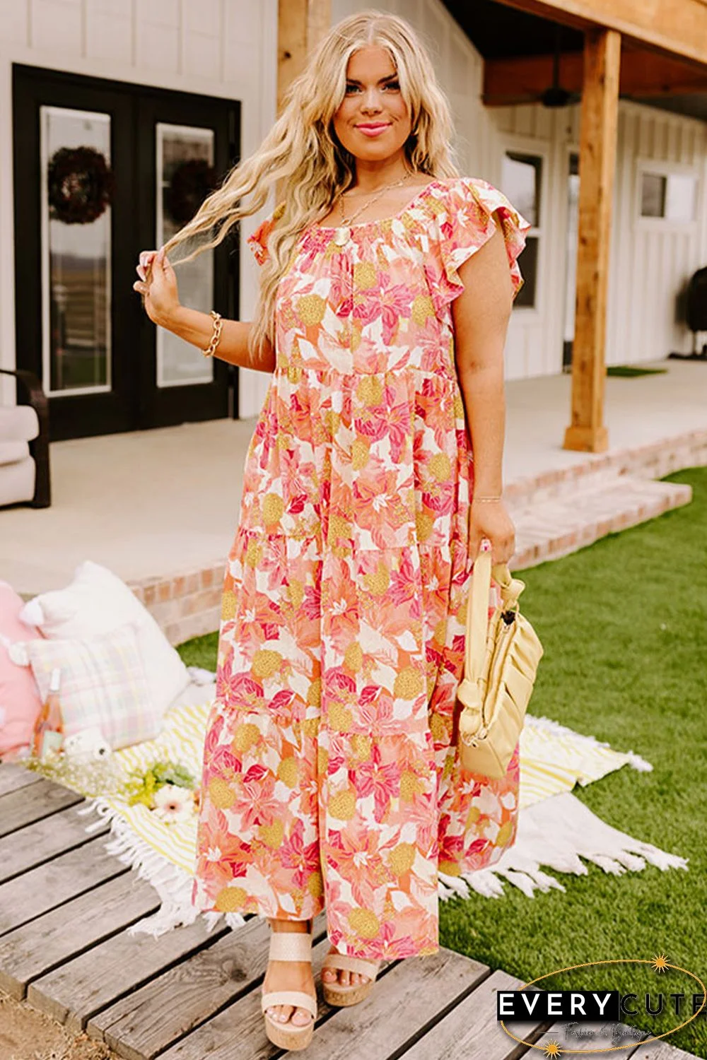 Orange Floral Print Shirred Ruffled Sleeveless Plus Size Dress