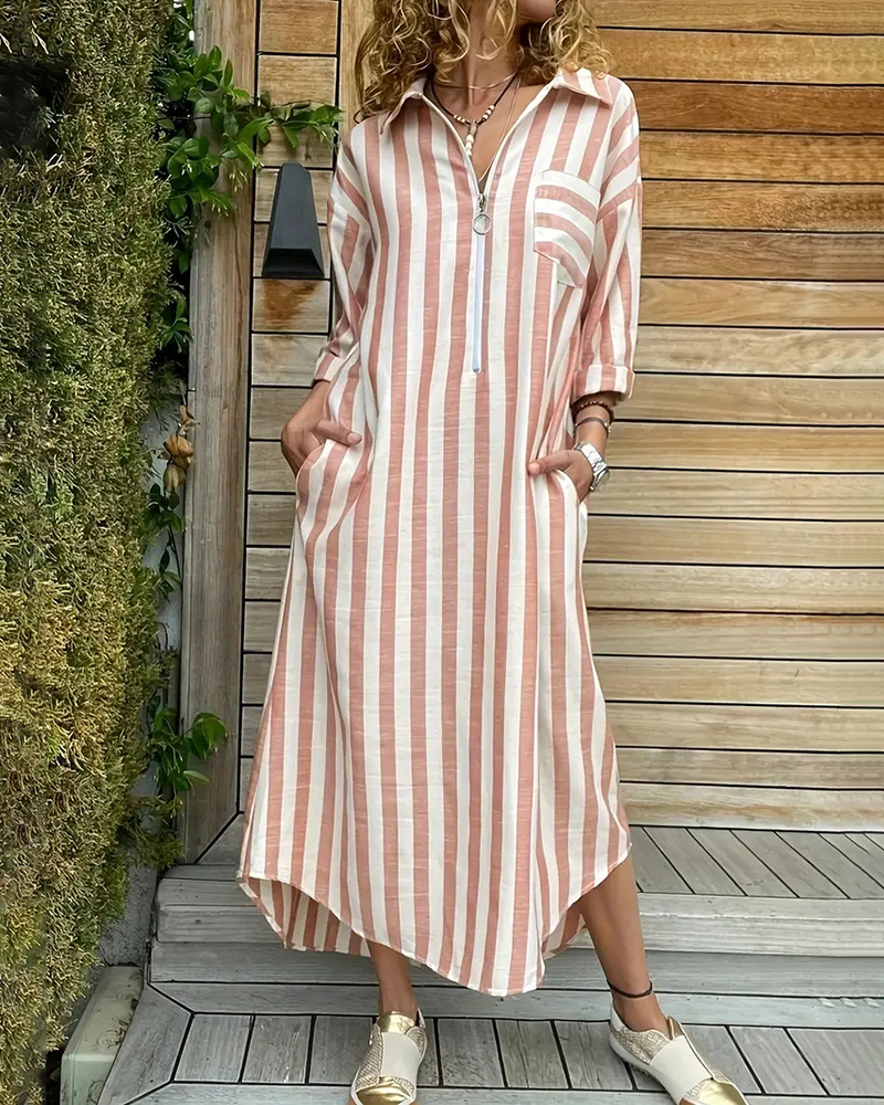 Stripe Chest Pocket Single Breasted Long Sleeve Shirt Midi Dress