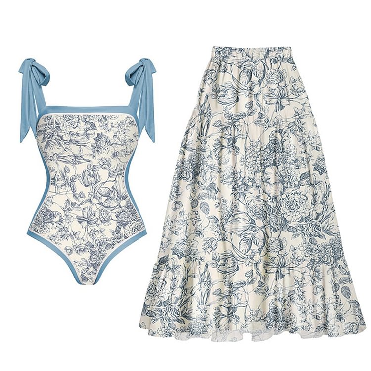 Flaxmaker Blue Reversible Bowknot Tie-shoulder One Piece Swimsuit and Sarong/Skirt