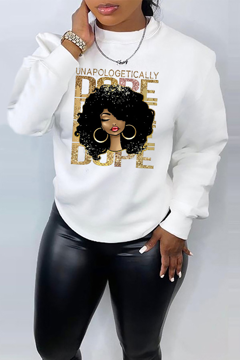 Plus Size African Casual Black Graphic Print Round Neck Long Sleeve Sweatshirts